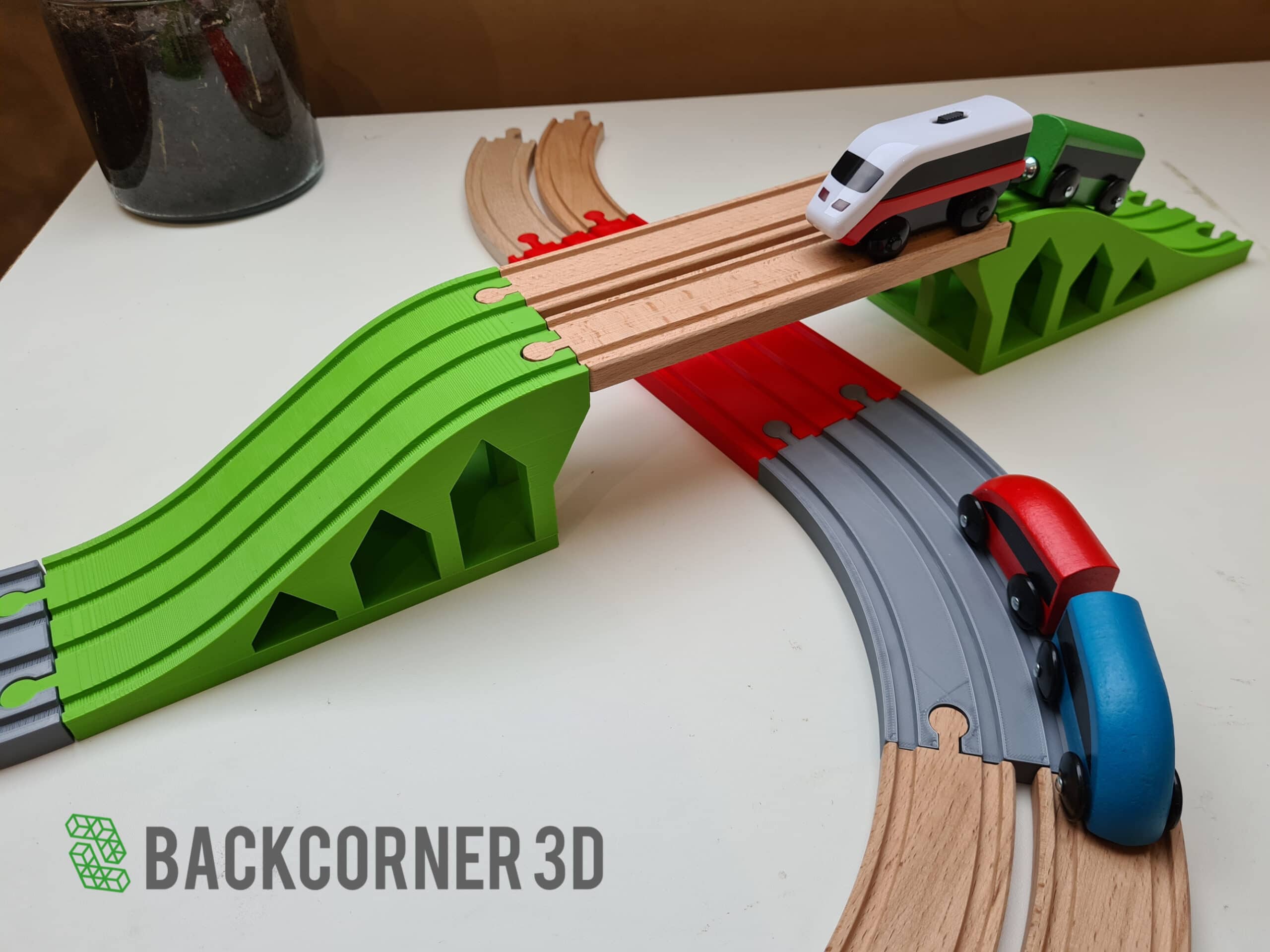 Wooden train track double bridge set - Backcorner 3D